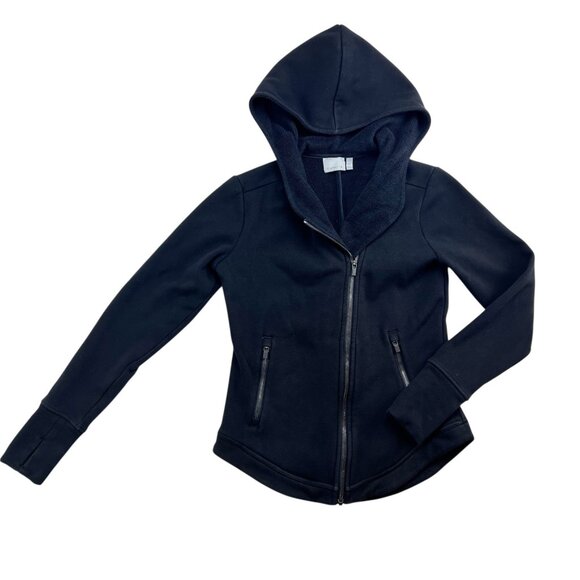 Athleta Asymmetrical Zip Up Hoodie Jacket Womens M Thumb Holes Pockets Black - Picture 1 of 8